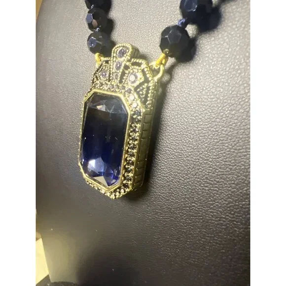 Vintage Style Gold & Blue-Blacl Crystal Necklace & Ring Set With Faceted Beads - - Picture 8 of 13